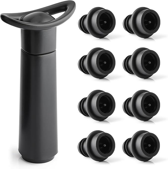 OWO Wine Vacuum Pump with 8 Stoppers, Wine Saver & Preserver, Food Grade Silicone Stoppers, Reusable Air Remover Pump for Standard Wine Bottles - Keeps Wine Fresh Longer