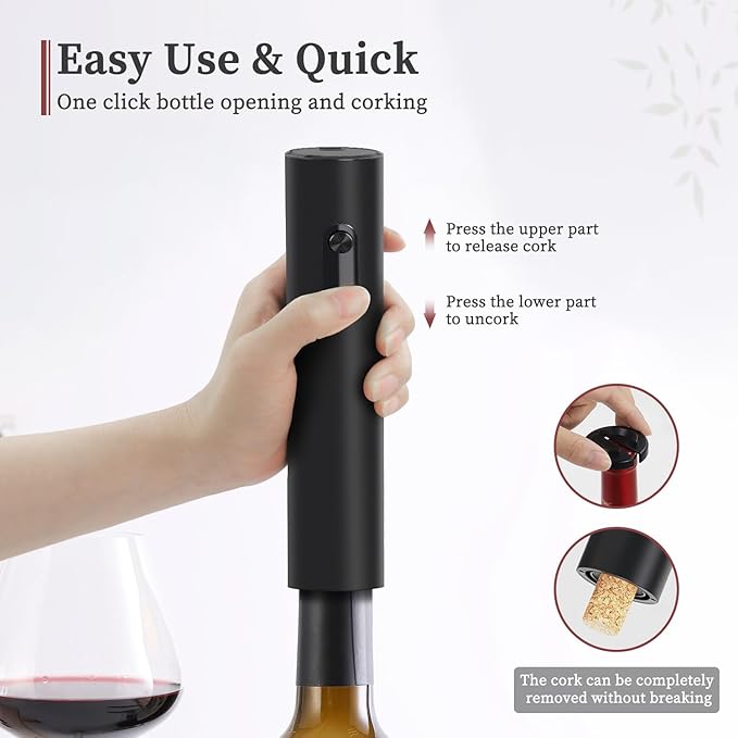 Battery Operated Wine Opener by ELMWAY, Electric Corkscrew & Wine Bottle Opener, Gift for Wine Lovers and Wine Accessories for Home Bars - Black (Foil Cutter & 4 x AA Not Included)