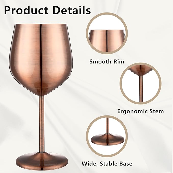 Stainless Steel Wine Glasses Set of 4 Unbreakable Wine Glass 18 oz Unique Metal Wine Goblets for Outdoor, Travel, Camping, Pool, Ideal Gift for Wine Lovers (Red Copper)