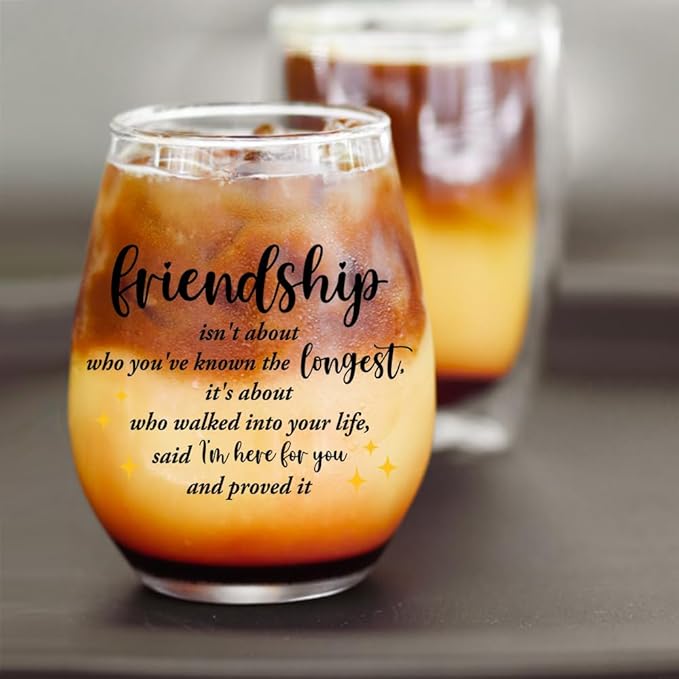 DYJYBMY Friendship Isn't About Who You've Known The Longest Stemless Wine Glass With Gifts Box, Friendship Wine Tumbler, Housewarming Parting Gifts For Long Distance Friend Confidant Bestie