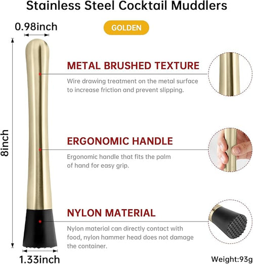 8 Inch Stainless Steel Cocktail Muddler and Mixing Spoon Home Bar Tool Set - Create Delicious Mojitos Old Fashioned/Mint Julep/Other Fruit Based Drinks (Gold)