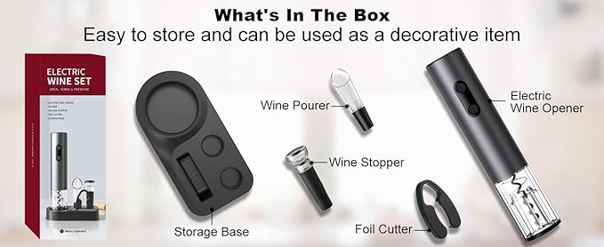 Electric Wine Opener Set, Battery Powered Wine Bottle Opener with Foil Cutter, Vacuum Stopper, Wine Pourer & Storage Base, Automatic Corkscrew Kit for Wine Lovers, Gift for Men Women (Black)