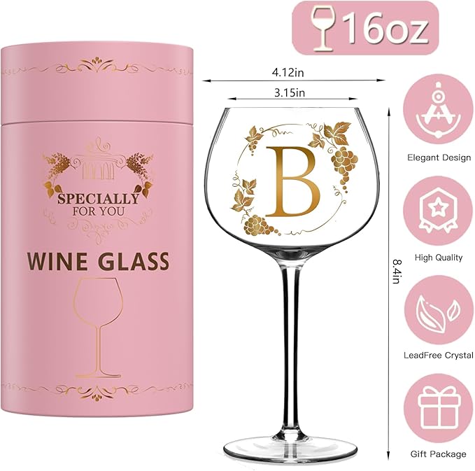 Wine Glasses Gifts for Women Alphabet A-Z, Cool Personalized Gold Monogrammed 'B' Red Wine Glass Set, Pink Gift Package with Goblet, Wine Bag, Key Chain, and Card for Woman