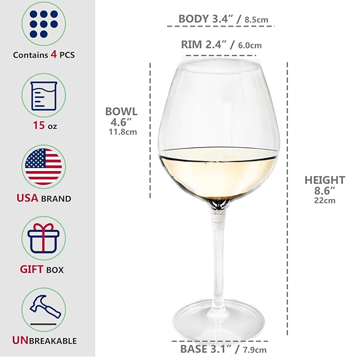 crayline Plastic Wine Glasses Set of 4(15oz) |Unbreakable Wine Glasses with Stem|100% Tritan & BPA Free |Dishwasher Safe| Awesome For Pool, Beach, Travel, Pool, Camping, Beach, Picnic, Everyday Use.