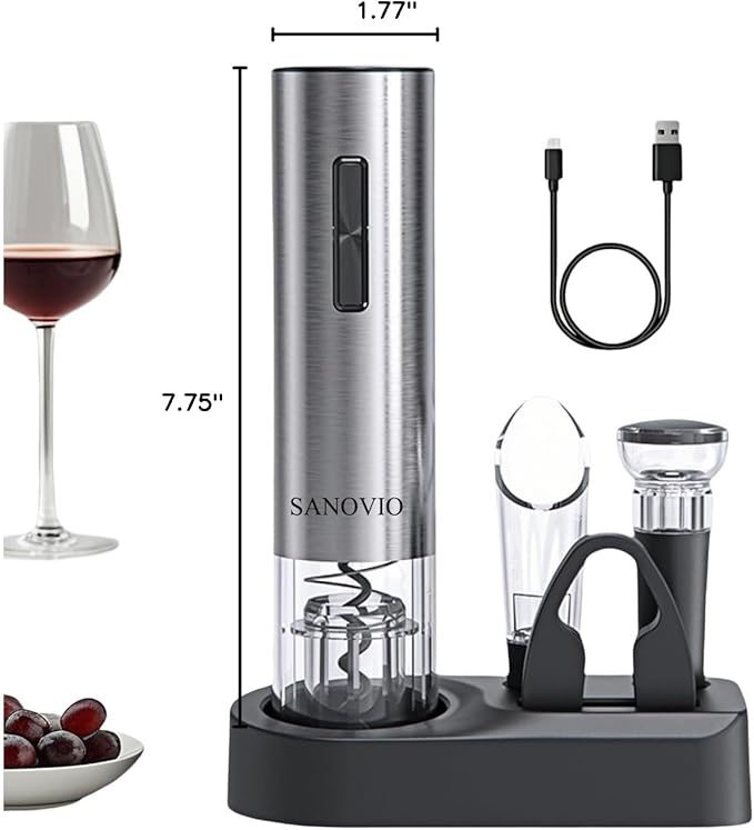 6-in-1 Electric Wine Opener Set - Rechargeable Automatic Corkscrew with Vacuum Sealer, Wine Aerator, Foil Cutter & Charging Base,Valentine's Day Gifts, Wine Lovers (Stainless Steel)