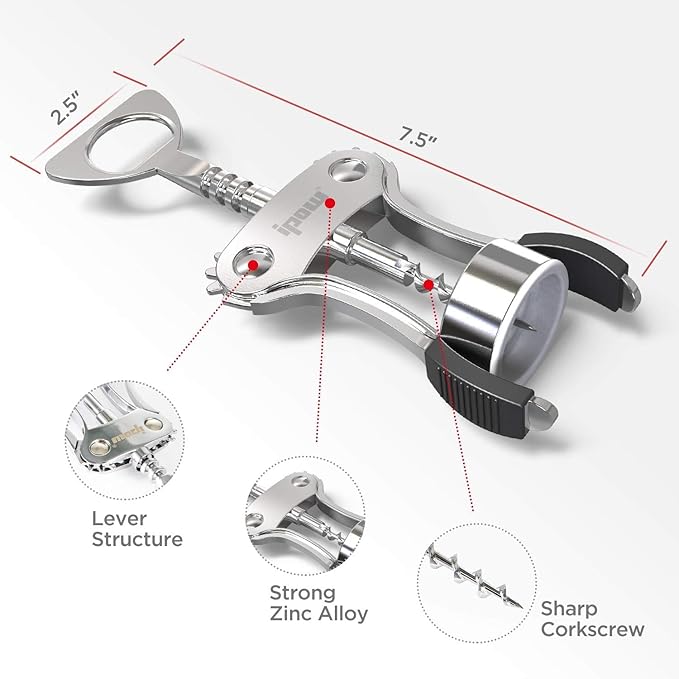 IPOW Wine Opener, Zinc Alloy Wine Bottle Opener, Wing Corkscrew Heavy Duty, Manual Multifunctional Cork Screw for Waiter, Silver
