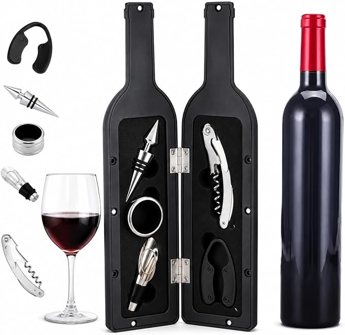 Luxury Wine Accessory & Gift Set - Corkscrew, Stopper, Pourer, and Games! (Wine Opener - Black and Red Glossy Bottle Case)