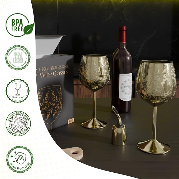 Mother’s Day Gift for Mom – Set of 2 Gold Stainless Steel Wine Glasses, 17oz Engraved Goblets with Bottle Stopper, Unbreakable Elegant Wine Cups, Gift for Women, Wife, Mom, Sister