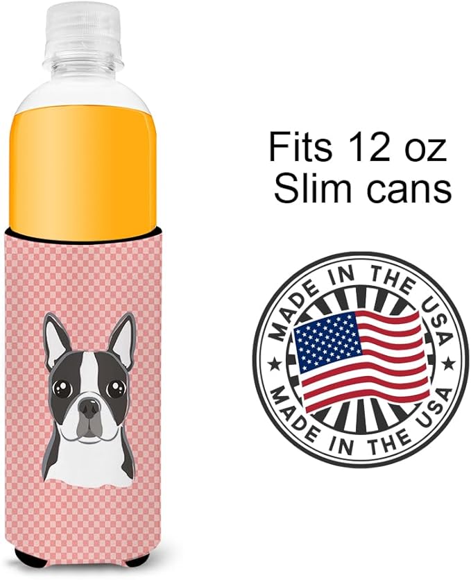 Checkerboard Pink Boston Terrier Ultra Beverage Insulators for slim cans BB1203MUK
