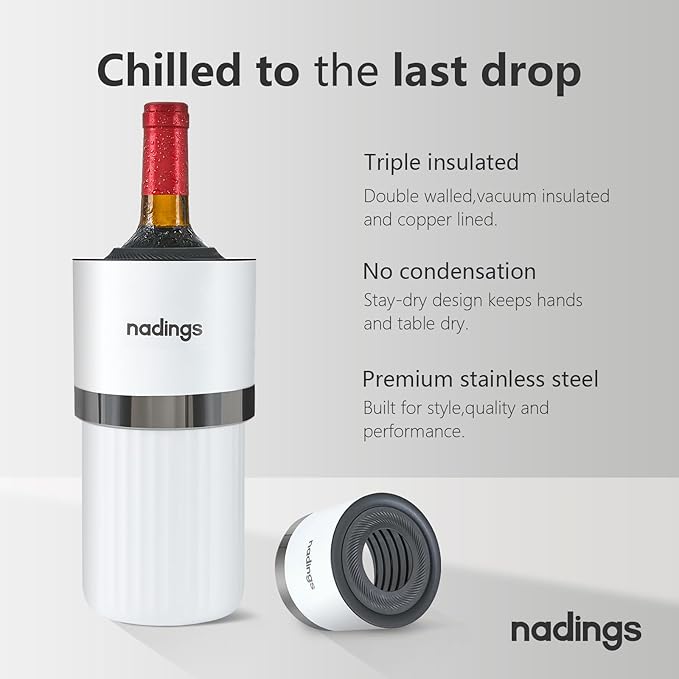 Iceless Wine Chiller - Keeps Cold 6+ Hours, Portable Vacuum Insulated Stainless Steel Champagne Cooler, Fits Most Wine Champagne & Liquor Bottles, Perfect Gift for Wine Lovers (White)