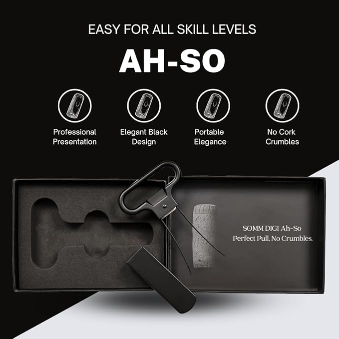 Sommelier Ah-So Wine Opener with Corkscrew & Gift Wine Disc – Two-Prong Cork Puller for Aged Wines, Crumb-Free Cork Removal.