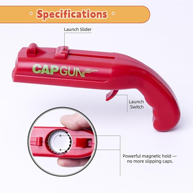 Bottle Cap Launcher (Red) – Fun Bottle Opener Tool That Shoots Caps for Parties, BBQ, Bar Games