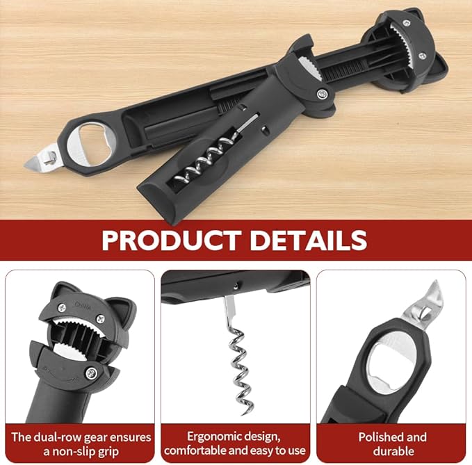 Jar Opener Bottle Opener for Seniors with Arthritis: Multi Retractable Wine Bottle Openers for Weak Hand, Magnetic Manual Can Openers for Opening Jar Beer Lid, Kitchen Gadgets Tool(COLOR:Black)