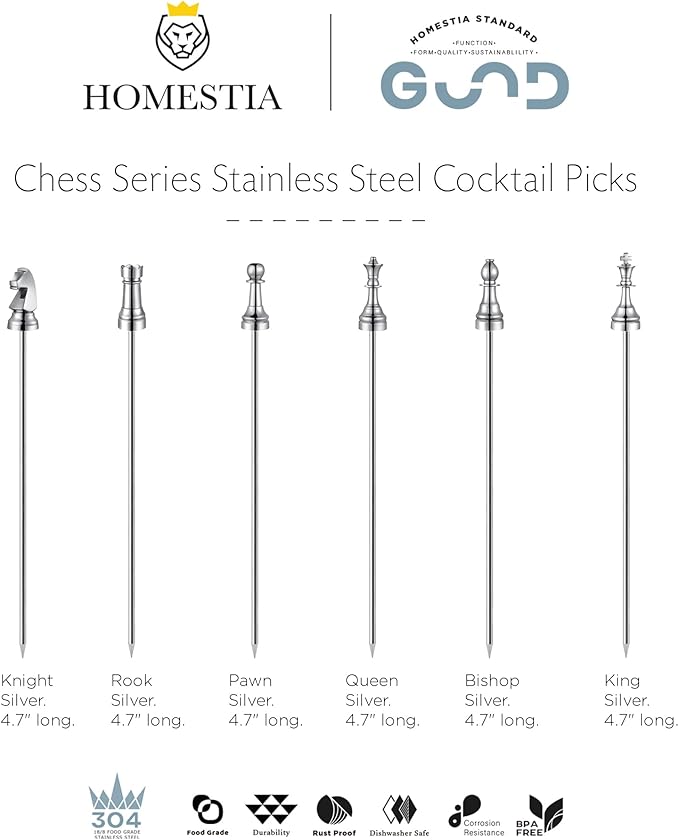 Homestia Metal Chess Cocktail Picks, 6 Pcs 4.7 Inch Reusable Stainless Steel Chess Metal Toothpicks for Appetizers Sandwich Fruit Skewers Martini Picks Stick for Party Holiday Supplies