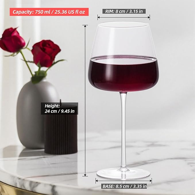 KAMMAK Wine Glasses Set of 2, 25.36 oz Hand Blown Crystal Bordeaux Wine Glasses, Thin Rim & Long Stem, Perfect for Red & White, Daily Use, Wedding or Birthday Gift with Gift Box, SD-BL23176