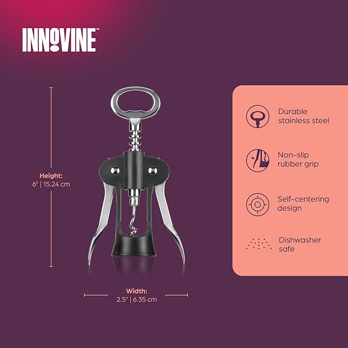 Innovine Winged Corkscrew – Self-Centering Wine Bottle Opener with Ergonomic Wing Levers, Satin Silver and Black Finish, Integrated Bottle Opener, and Durable Construction – Set of 1