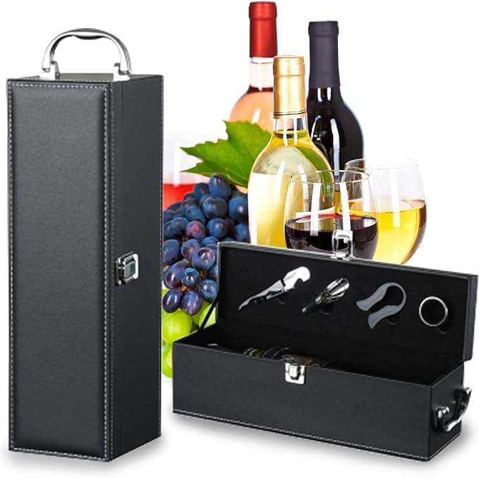 Bottle Wine Carrier,Leather Wine Gift Boxes ,for Wedding, Anniversary,Travel, Restaurant, Party, Gifts for Wine Lovers , Storage Box for Home Bar Wine Collection With 4pcs Wine Accessories Set（black）