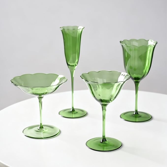 KAMMAK Wine Glasses Set of 2, 9.47 oz Hand Blown Crystal Bordeaux Wine Glasses, Thin Rim & Long Stem, Perfect for Red & White, Daily Use, Wedding or Birthday Gift with Gift Box, Fully Green Flowers