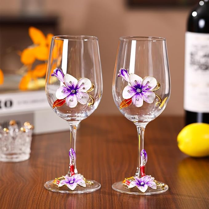Simcat Handmade Painted Enamel Flower Glass Wine Glasses Transparent Refined Goblet, Stem For Cabernet, Gifts (pink single gift box1)