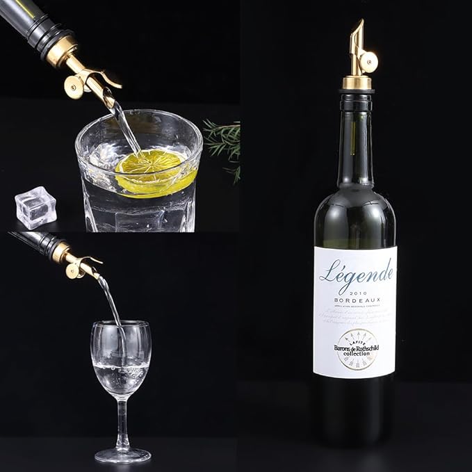 beyonday 6pcs Self Closing Liquor Bottle Pourers - Gold, Auto Flip Wine Bottle Stoppers with Rubber Dust Cap & Cleaning Brush, Weighted Olive Oil Vinegar Dispenser Spout, Fit about 3/4'' Bottle Mouth