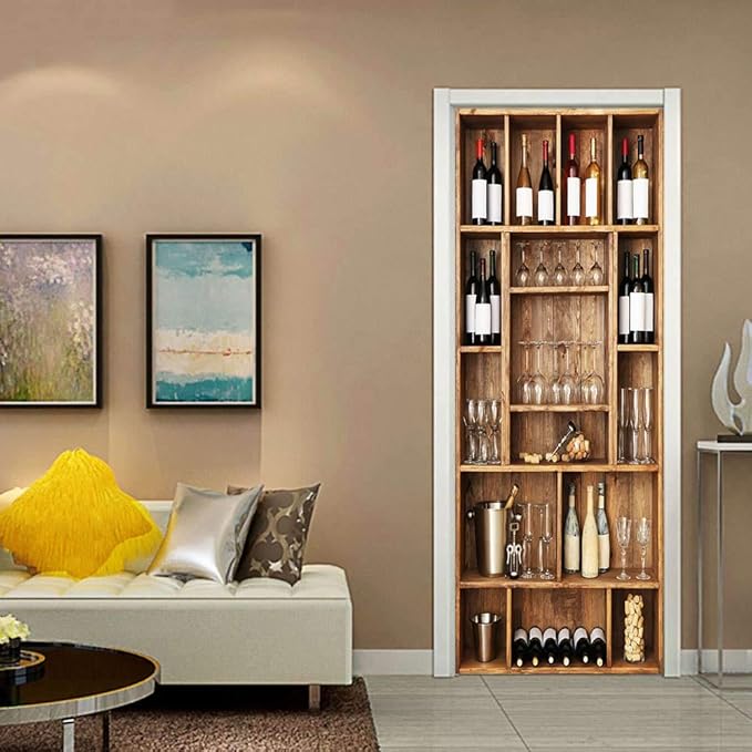 3D Door Stickers Murals Peel and Stick - Wine Cabinet - Wallpaper Self-Adhesive Decals Removable PVC Waterproof Poster for Bedroom Living Room Wall Decoration 30.3 x 78.7 inch