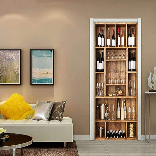 3D Door Wallpaper Self-Adhesive Sticker - Wine Cabinet Film Poster Premium PVC Waterproof Wall for Bedroom Living Room Decoration 90 x 200 cm