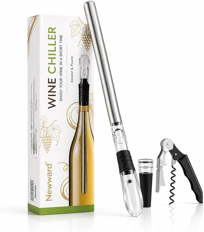 Iceless Wine Chiller, 3-in-1 Stainless Steel Wine Bottle Cooler Stick with Aerator and Pourer - Includes a Waiter's Corkscrew and Stopper