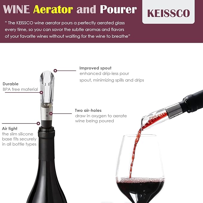 KEISSCO Stainless Steel Wine Opener Set - Compact Vertical Corkscrew Wine Bottle Opener Gift Set with Foil Cutter, Aerator Pourer, Vacuum Pump and 2 Wine Stoppers, Wine Gift Set for Home Party Bar