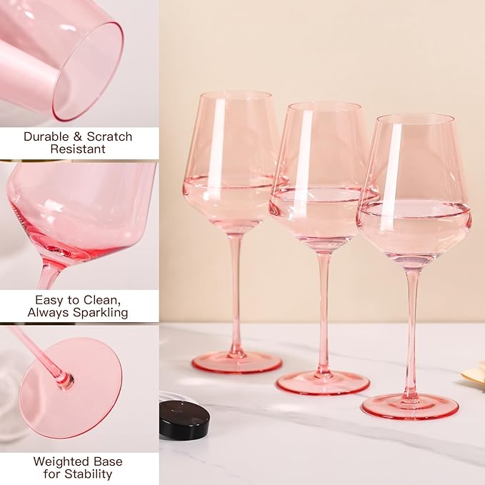 Pink Wine Glasses Set of 6, Handblown Colored Wine Glasse,Pink Coloful Glassware,17OZ for Red or White Wine,Wedding Gift, Anniversary, Christmas, Mothers Day Gifts,Gifts for My Wife