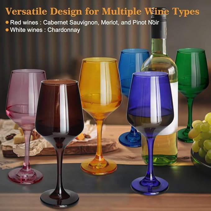 Multi Colored Wine Glasses Set of 6, 12oz Stemmed Glasses, Thick & Colorful, Dishwasher Safe Stemware for Red or White, Gift for Party, Holiday, Anniversary, Restaurant, Home Bar