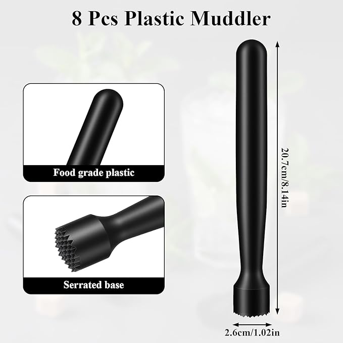 10 Pcs Plastic Muddler for Cocktails, 8 Inch Cocktail Muddler, Tools for Mojito, Fruit Drinks, Spices & Ice Crushing, Durable & Lightweight, Kitchen and Home Bar Accessories, Black