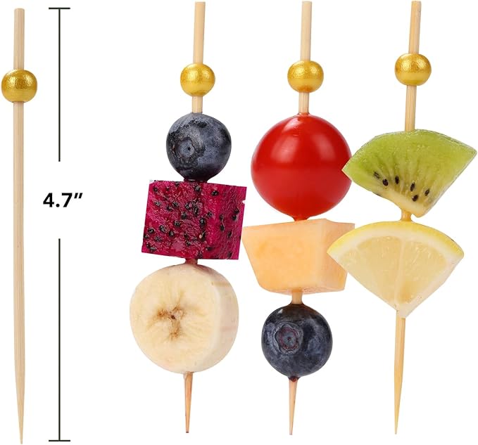 200 PCS Premium Cocktail Picks, 4.7 Inch Long Cocktail Toothpicks Skewers for Appetizers，Fancy Cocktail Appetizer Pick Sticks Skewers for Drinks, Garnish，Fruit，Birthday, Wedding or Parties（Gold）