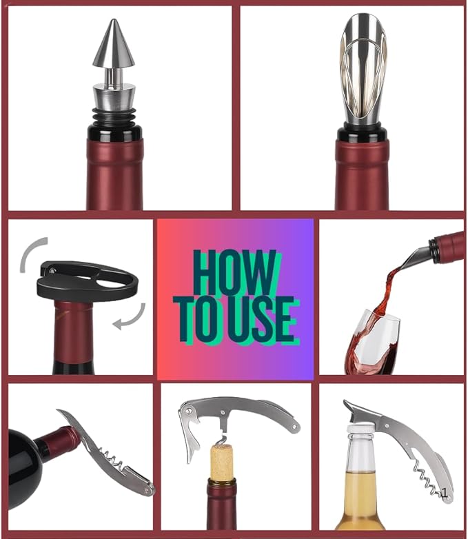 Wine Opener Gift Set - Wine Bottle Accessory Kit Corkscrew Opener, Stopper, Pourer, Foil Cutter, Glass Marker, Great Valentine's Gifts,Father gift,Mother gift
