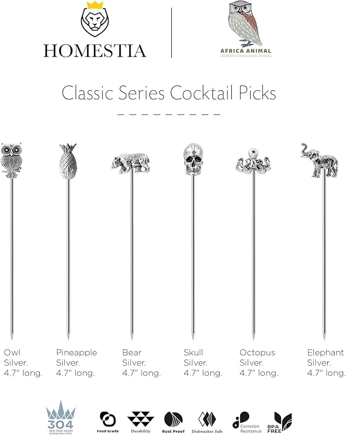Homestia Stainless Steel Cocktail Picks, 4.7 Inch Reusable Martini Olive Picks, Metal Garnish Skewers for Drinks, Appetizers, Bloody Mary - Set of 6 Metal Cocktail Picks for Party Bar