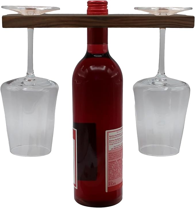 SlidingSusan Wine & Glass Holder - Countertop or Shelf Storage Rack for 2 Glasses & Bottle, Decorative Holiday or Housewarming Gift, Solid Walnut, 10 Inch x 3.5 Inch
