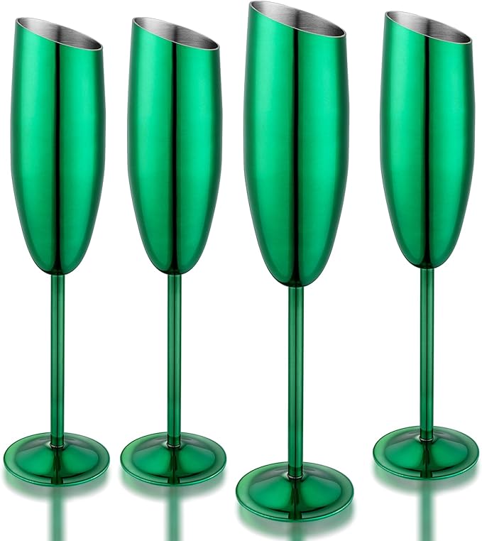 Champagne Flutes Set of 4, Premiumty Stainless Steel High Footed Champagne Glasses, 7oz Capacity,Unbreakable Slanted Champagne Glasses