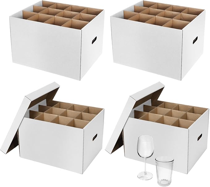 Feifeiya 4 Pack Wine Glass Moving Boxes Kitchen Moving Boxes with Handle Kitchen Kit with Lid for Dish Glassware(White,15 x 12 x 10 Inches)