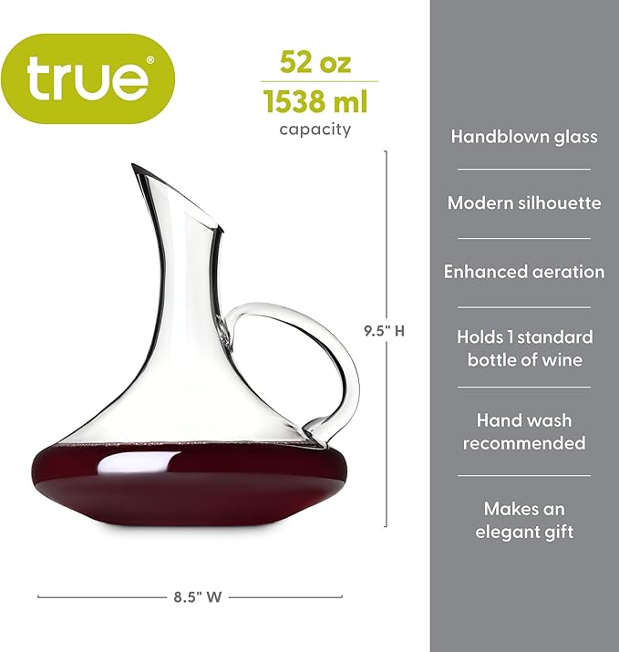 True Handled Wine Decanter, Glass Carafe, Red and White Wine, Wine Aeration, Bar Gadgets, Wine Lover Gifts, Holds 1 Standard Bottle, 52 oz