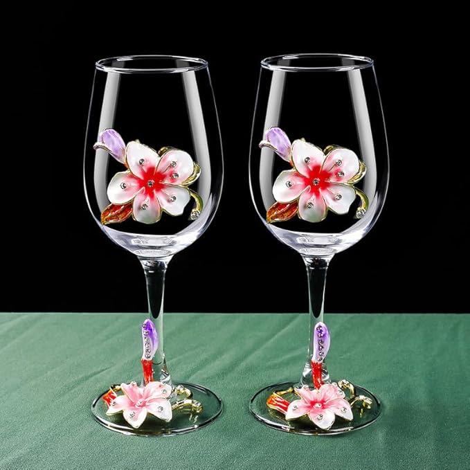 Simcat Handmade Painted Enamel Flower Glass Wine Glasses Transparent Refined Goblet, Stem For Cabernet, Gifts (pink double gift box1)