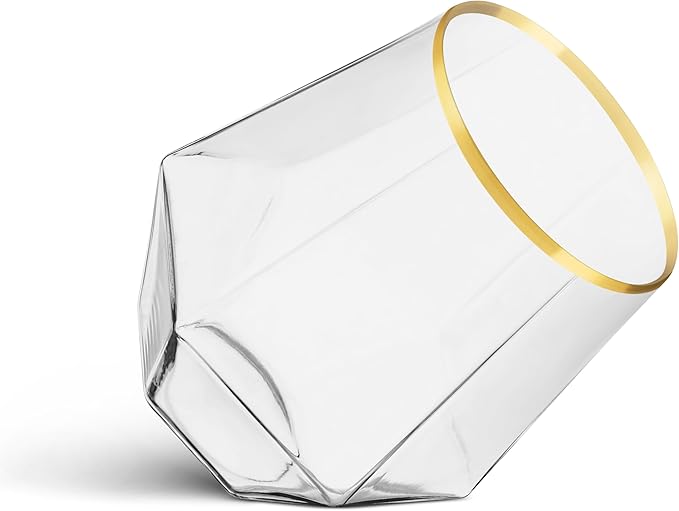 Munfix Gold Rim Plastic Stemless Wine Glasses 32 Pack - Diamond Shaped Unbreakable Disposable 12 Oz Clear Plastic Wine Champagne Whiskey Cups, Shatterproof Recyclable and BPA-Free