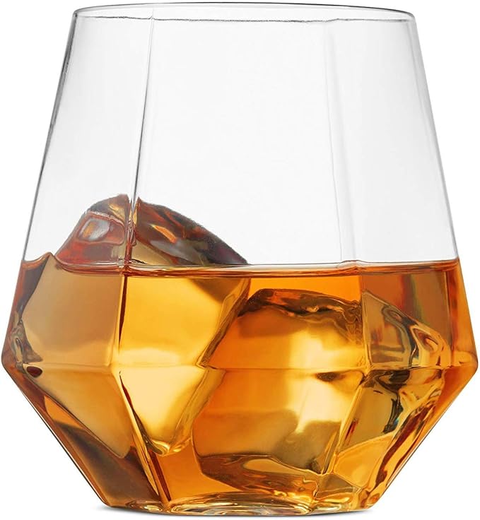 Munfix Plastic Stemless Wine Glasses 32 Pack - Diamond Shaped Unbreakable Disposable 12 Oz Clear Plastic Wine Champagne Whiskey Cups, Shatterproof Recyclable and BPA-Free