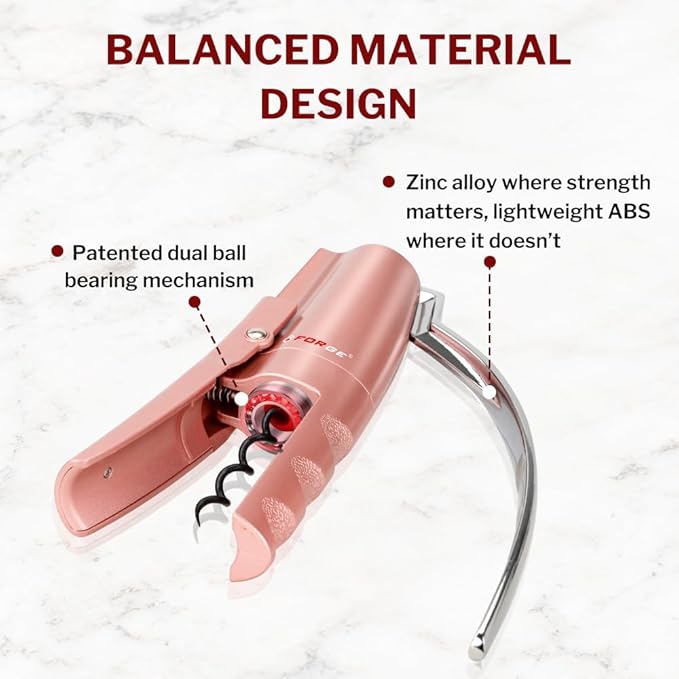Forge Quality Compact Vertical Lever Corkscrew Wine Opener with Foil Cutter. 3 Seconds to Open a Bottle of Wine. Pink.