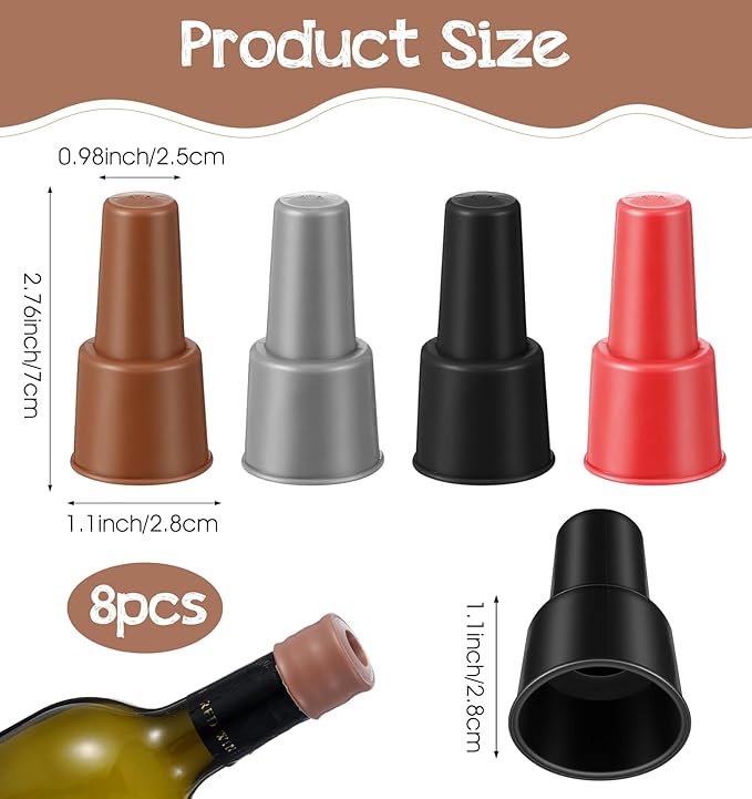 8Pcs Silicone Wine Stopper, Reusable Wine Bottle Stoppers for Champagne & Beer Bottles, Air Tight Seal to Keep Fresh, 4 Colors (Red/Brown/Gray/Black)