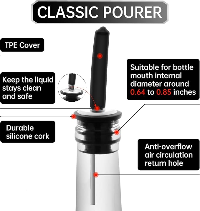 12 PCS Bottle Pourers And 12 PCS Lengthen rubber Pour Spouts for Bottles, Liquor Bottle Pourers for Alcohol, Olive Oil, Liquor Pourers with Dust Caps, Speed Pourers (12pc Pourers +12pc rubber)
