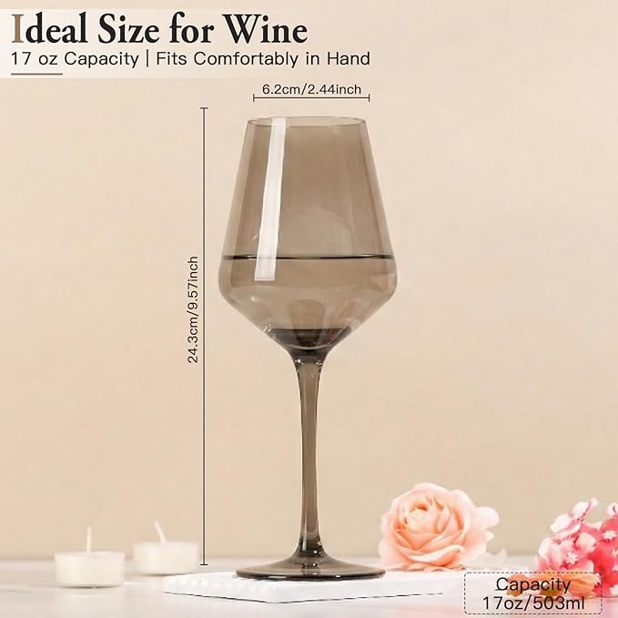 Gray Colored Wine Glasses Set of 6, Handblown Wine Glasse,Gray Coloful Glassware,17OZ for Red or White Wine,for Wedding Gift, Anniversary, Christmas, Birthday,Mothers Day Gifts,Gifts for My Wife