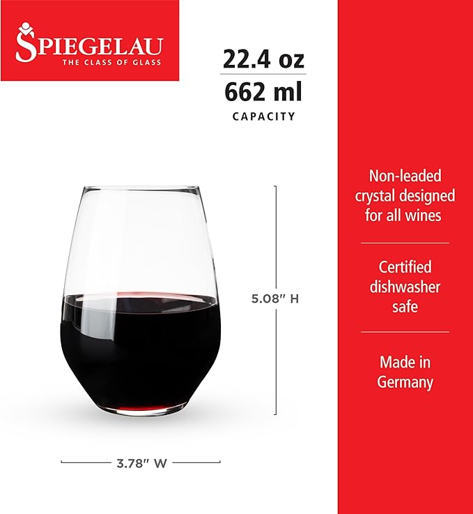 Spiegelau Authentis All Purpose Tumblers, Large Crystal Clear Stemless Glasses for Red and White Wines for Housewarming Gifts, Holiday Celebrations, Picnic, Home Bar, 22.4 oz, Set of 4