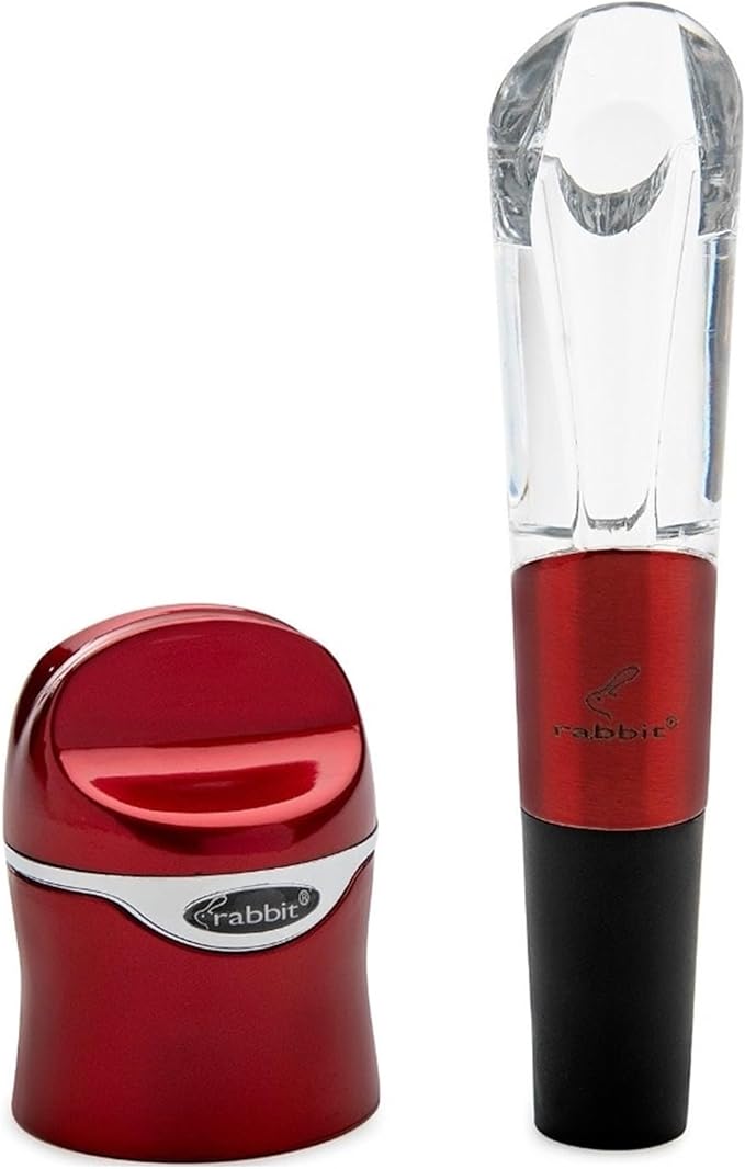 Rabbit Aerate and Preserve Wine Set, Wine/Champagne Sealer and Super Aerator (Red), Standard