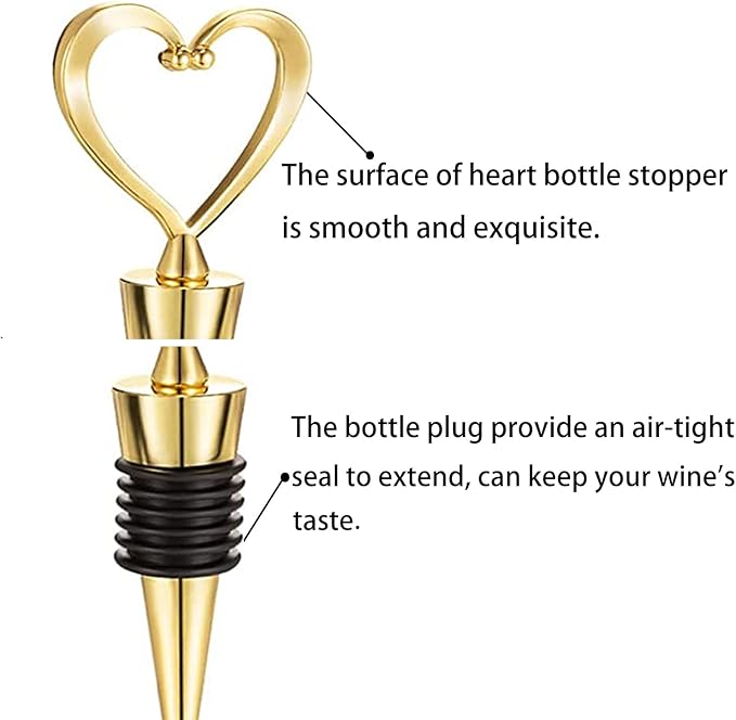 4 Pcs Gold Stainless Steel Love Design Wine Bottle Stoppers, Heart Shape Wine and Beverage Bottle Stoppers for Guests