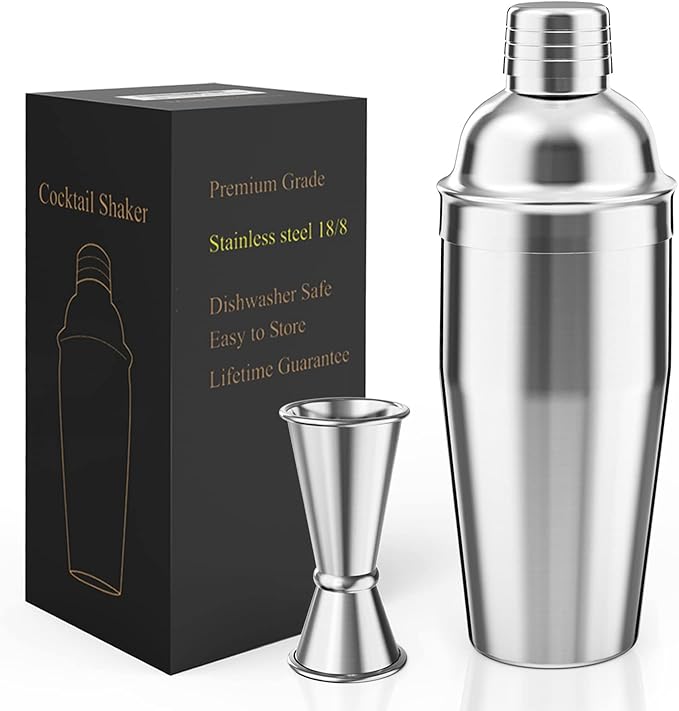 LUCKYGOOBO Cocktail Shaker with Double Measuring Jigger,Professional Stainless Steel 24oz Martini Shaker Set,Drink Built-In Strainer,Bartender Kit.