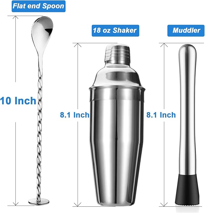 ZPUFAW 5-Piece Cocktail Shaker Set Shaker Strainer Jigger T-Mixing Spoon Muddler Bartender Kit Stainless Steel Bar Set Housewarming Gift